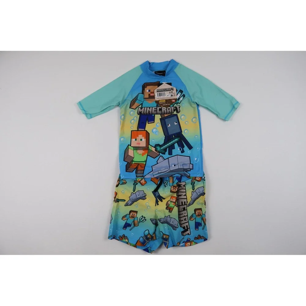 Minecraft Swimsuit Rash Guard Trunks Set Blue Character Print Size 7/8 NWT
